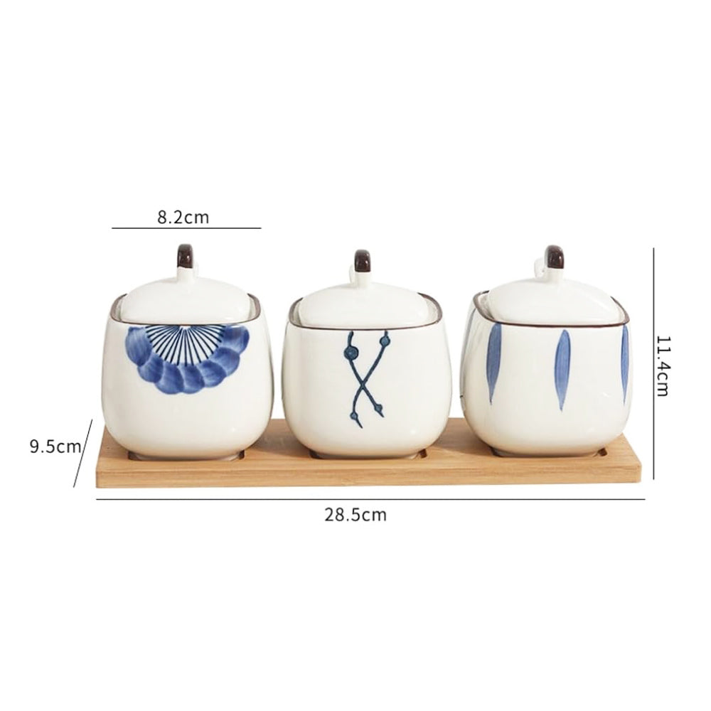 Aoki Condiment Jars with Wooden Tray - White Blue