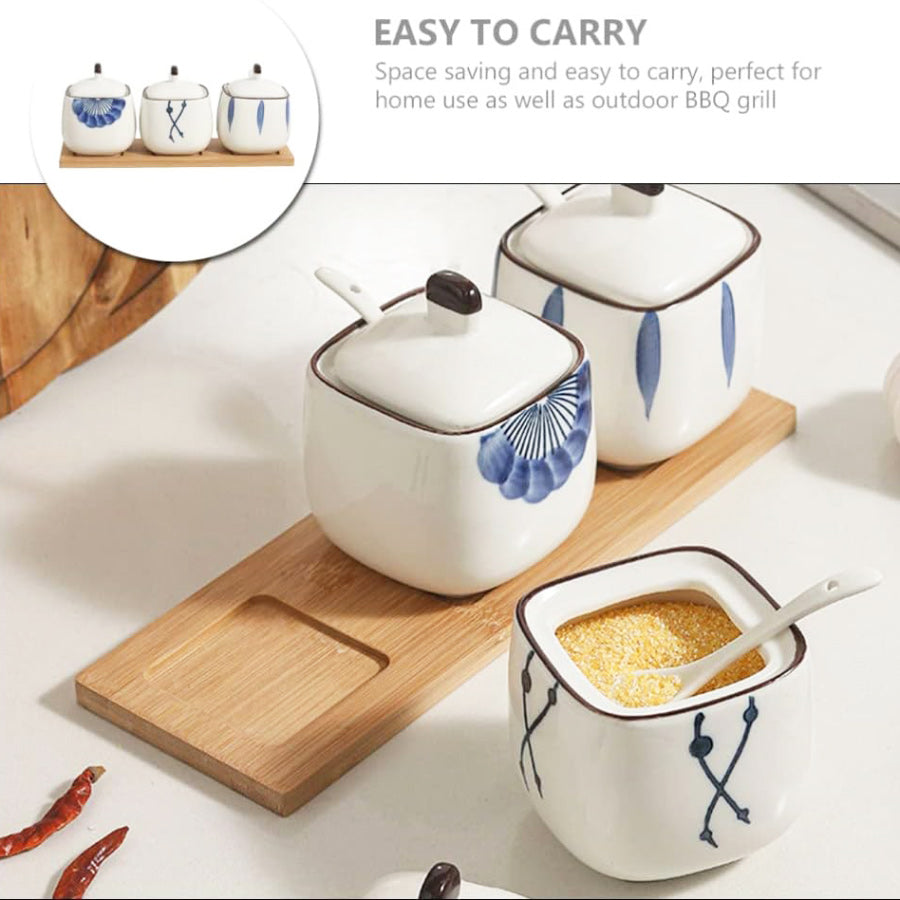 Aoki Condiment Jars with Wooden Tray - White Blue