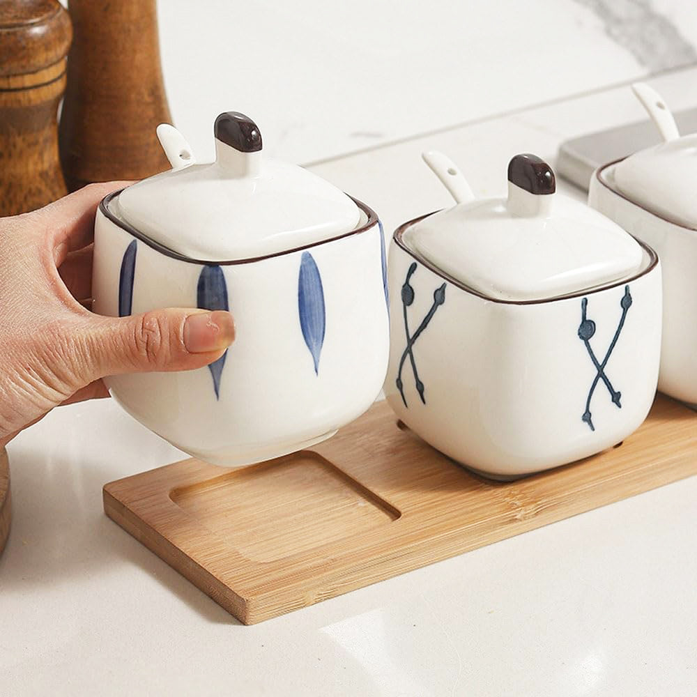 Aoki Condiment Jars with Wooden Tray - White Blue