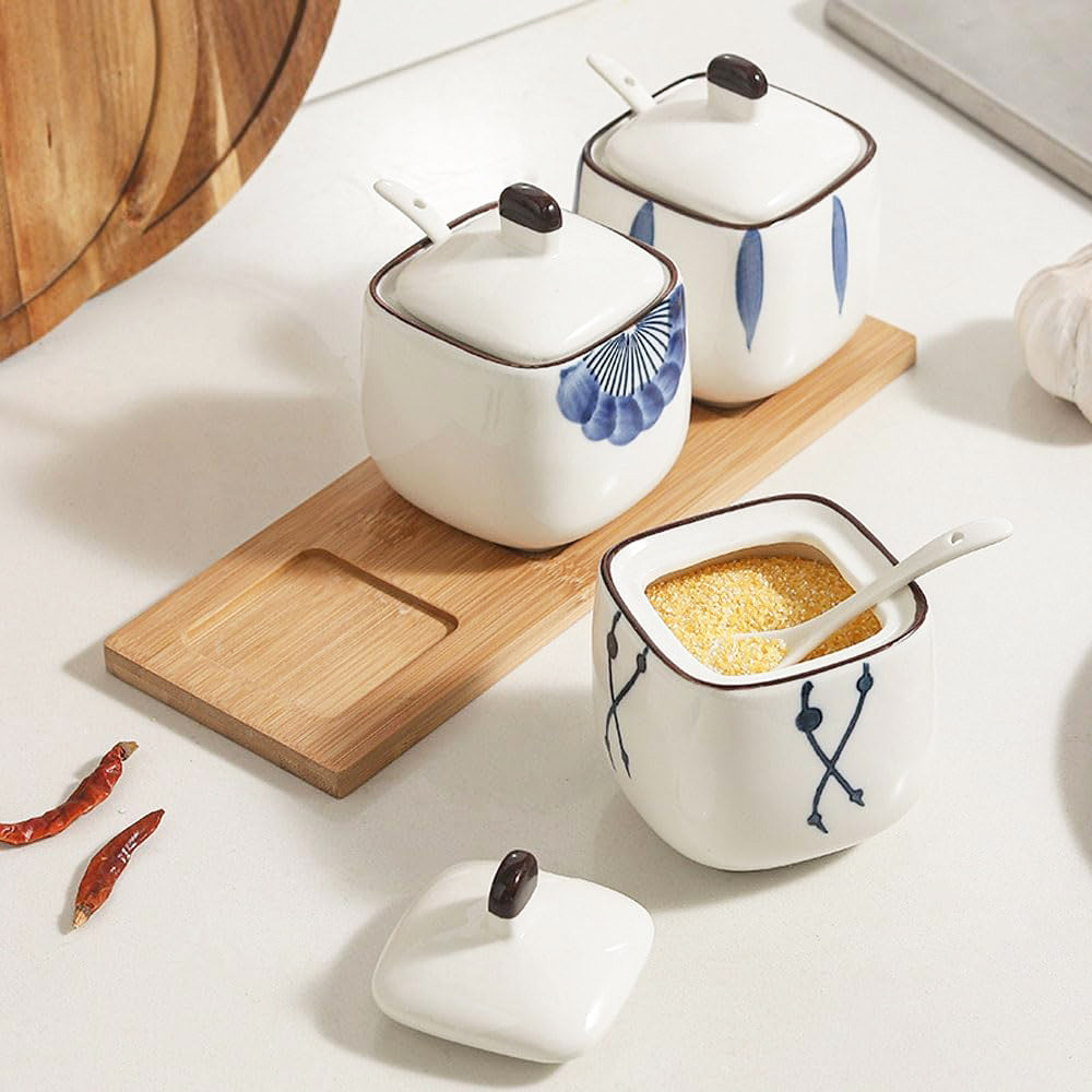 Aoki Condiment Jars with Wooden Tray - White Blue