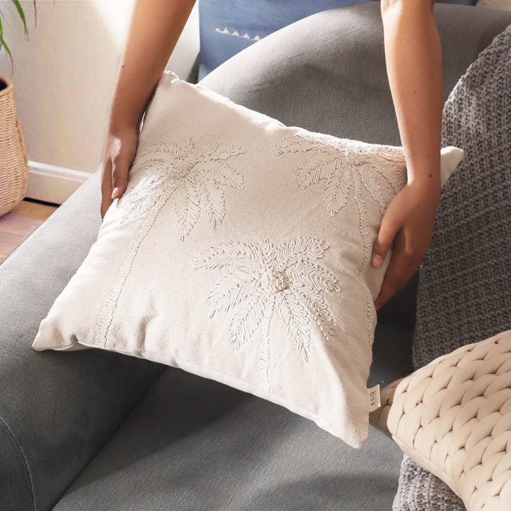 Areca Embroidered Cotton Cushion Cover 45x45cm - Beige