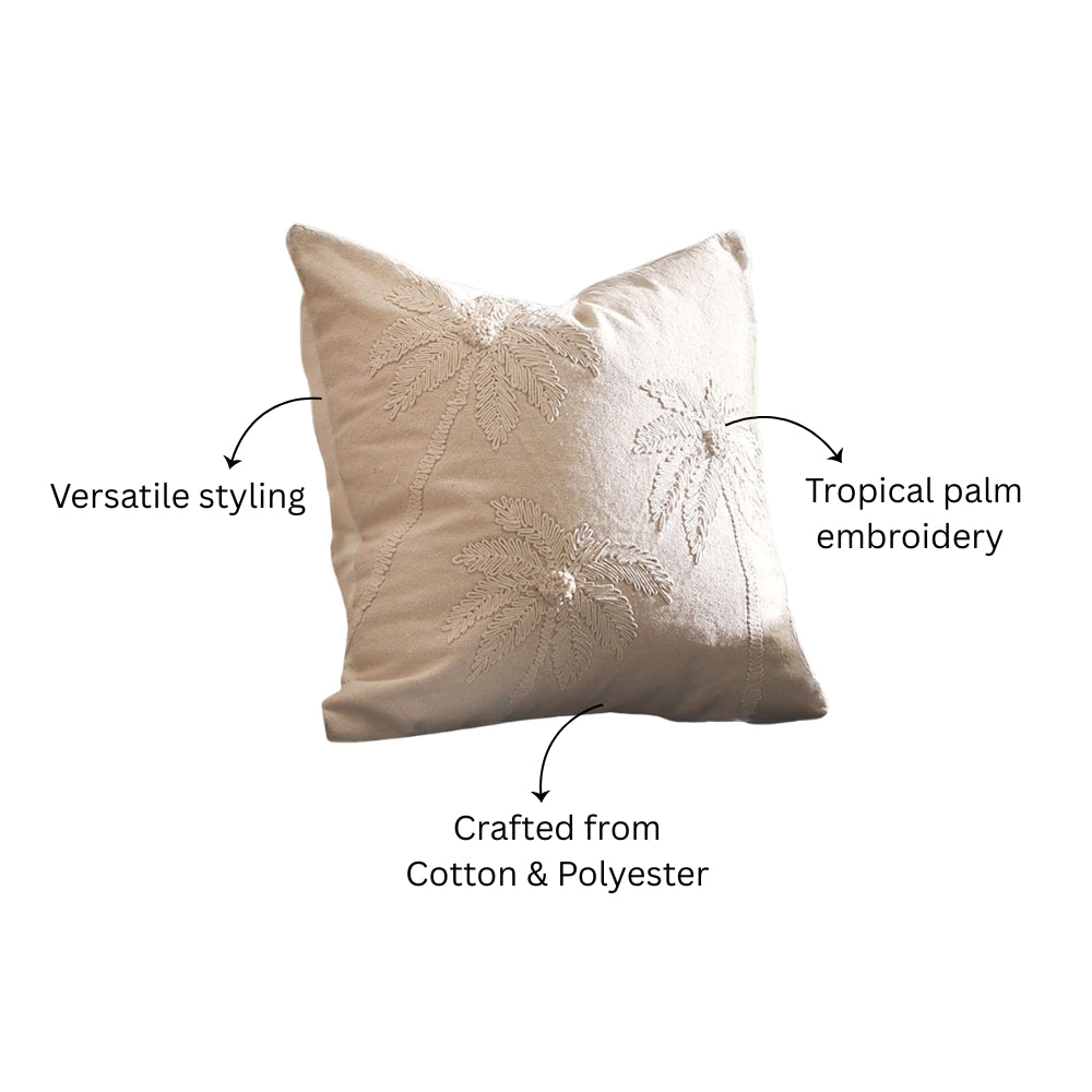 Areca Embroidered Cotton Cushion Cover 45x45cm - Beige