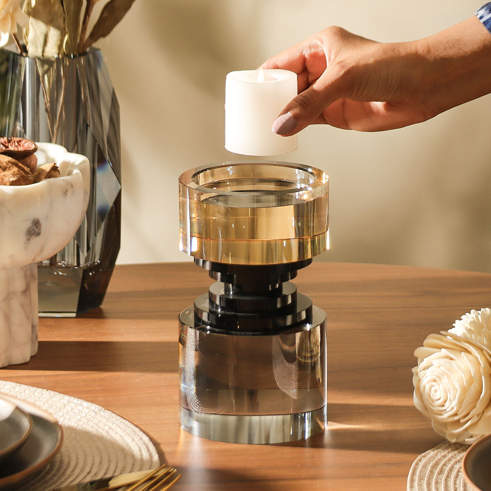 Astra Crystal Candle Holder Large - Smoke Champagne