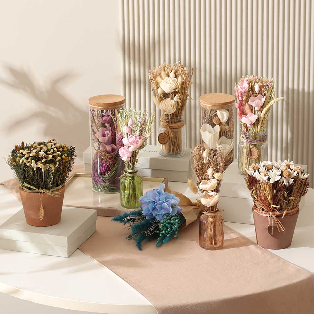 Aura Dried Flowers Bouquet in Glass Vase - Lavender Green