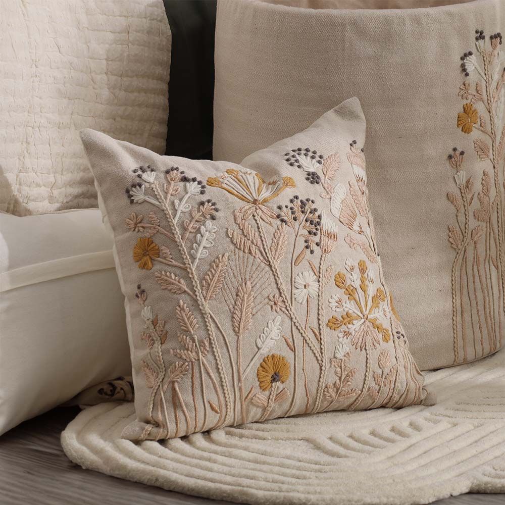 Autumn Flora Embroidered Cushion Cover 45x45cm - Mustard Beige