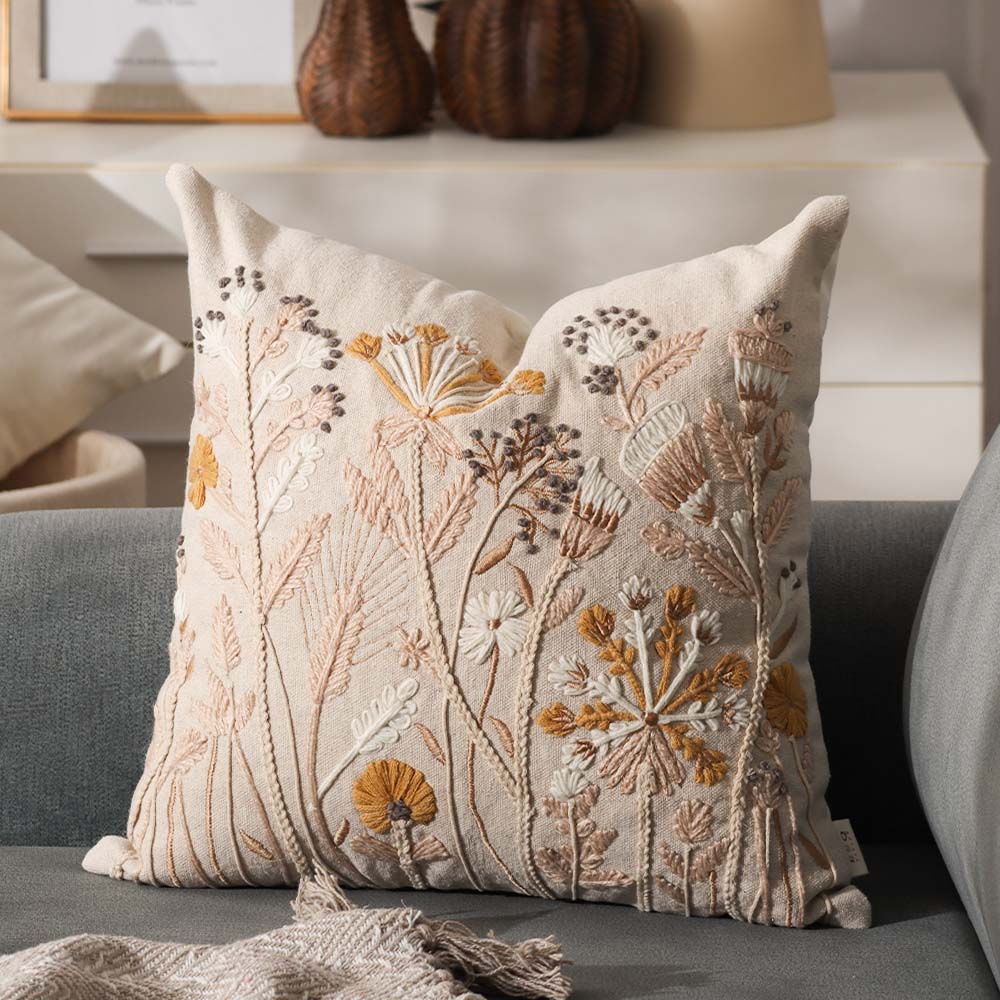 Autumn Flora Embroidered Cushion Cover 45x45cm - Mustard Beige
