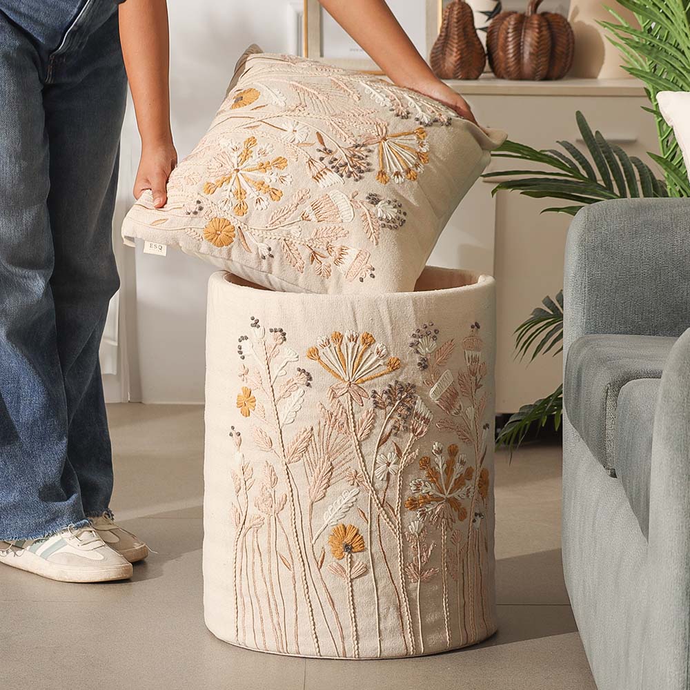 Autumn Flora Embroidered Cushion Cover 45x45cm - Mustard Beige