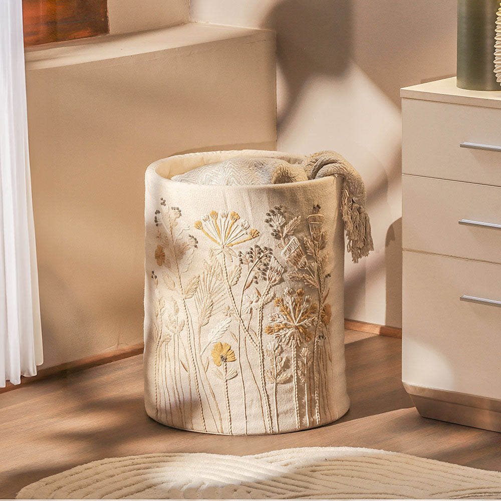 Autumn Flora Embroidered Storage Basket - Mustard Beige
