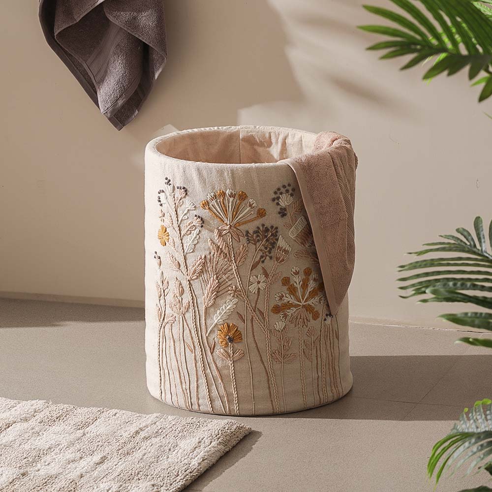 Autumn Flora Embroidered Storage Basket - Mustard Beige