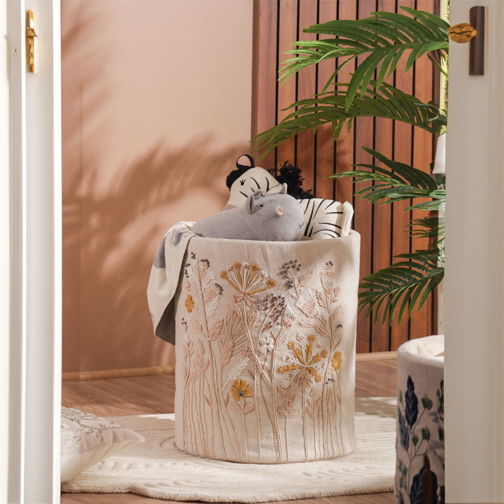 Autumn Flora Embroidered Storage Basket - Mustard Beige