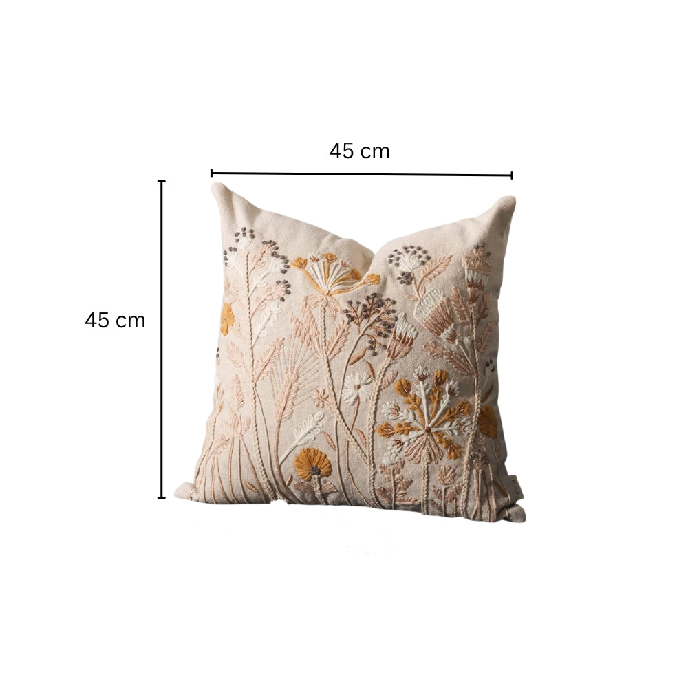Autumn Flora Embroidered Cushion Cover 45x45cm - Mustard Beige