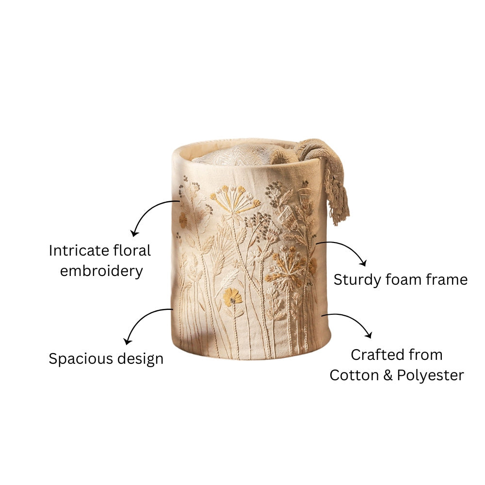 Autumn Flora Embroidered Storage Basket - Mustard Beige