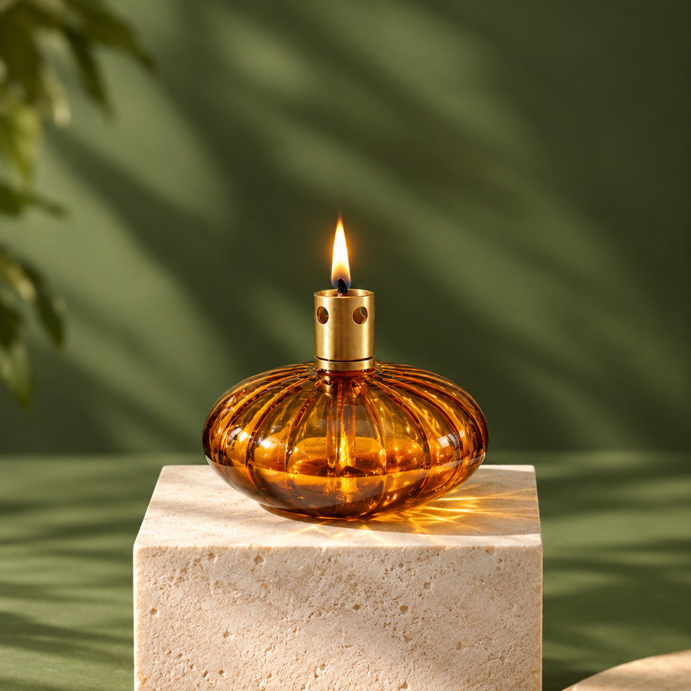 Nura Glass & Brass Oil Lamp - Amber