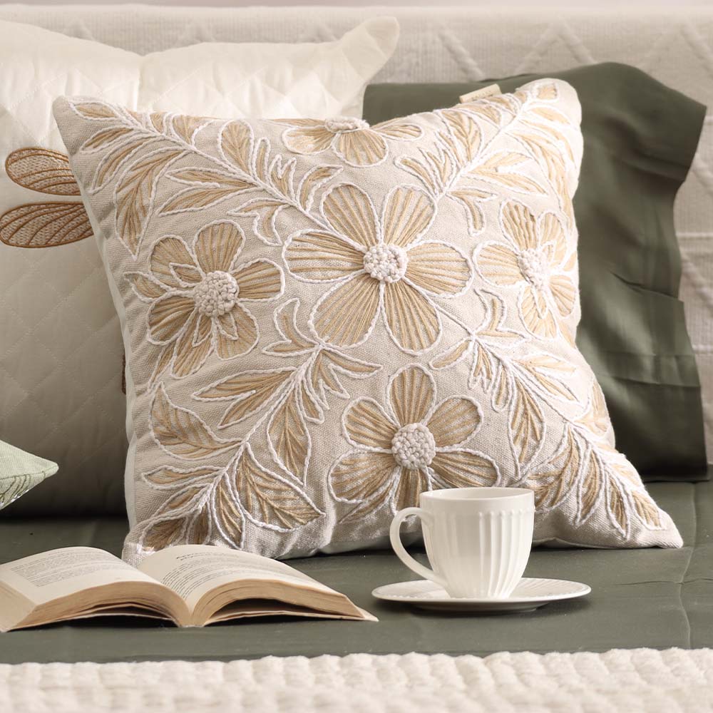 Azalea Embroidered Cushion Cover 45x45cm - Brown Beige