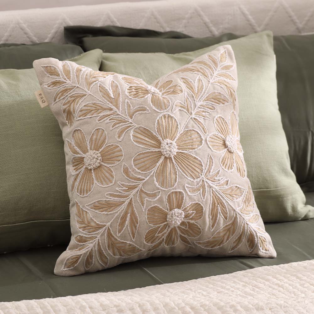 Azalea Embroidered Cushion Cover 45x45cm - Brown Beige