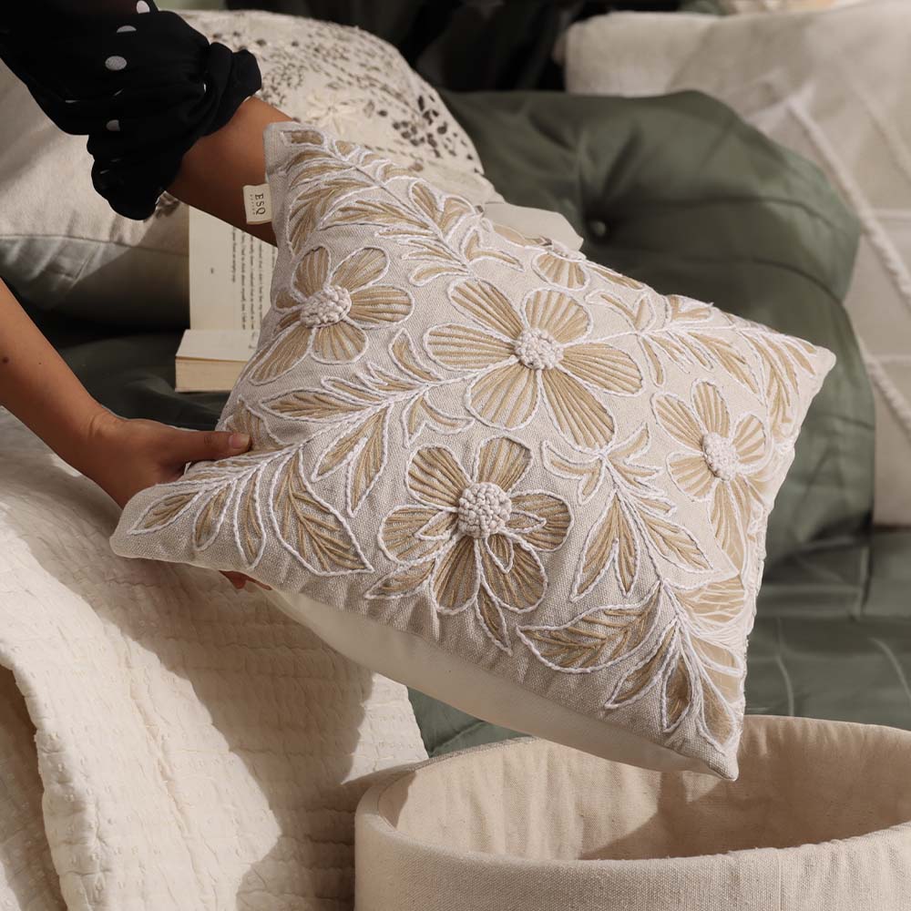 Azalea Embroidered Cushion Cover 45x45cm - Brown Beige