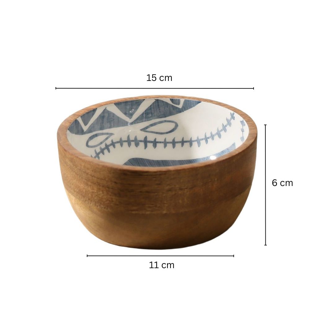 Aztec Wooden Serving Bowl Medium - Blue White