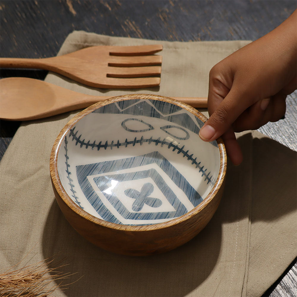 Aztec Wooden Serving Bowl Medium - Blue White