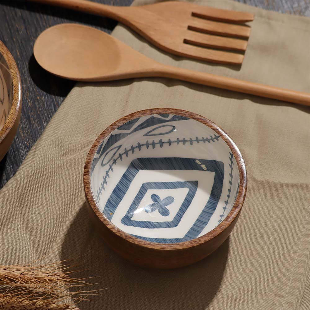 Aztec Wooden Serving Bowl Medium - Blue White