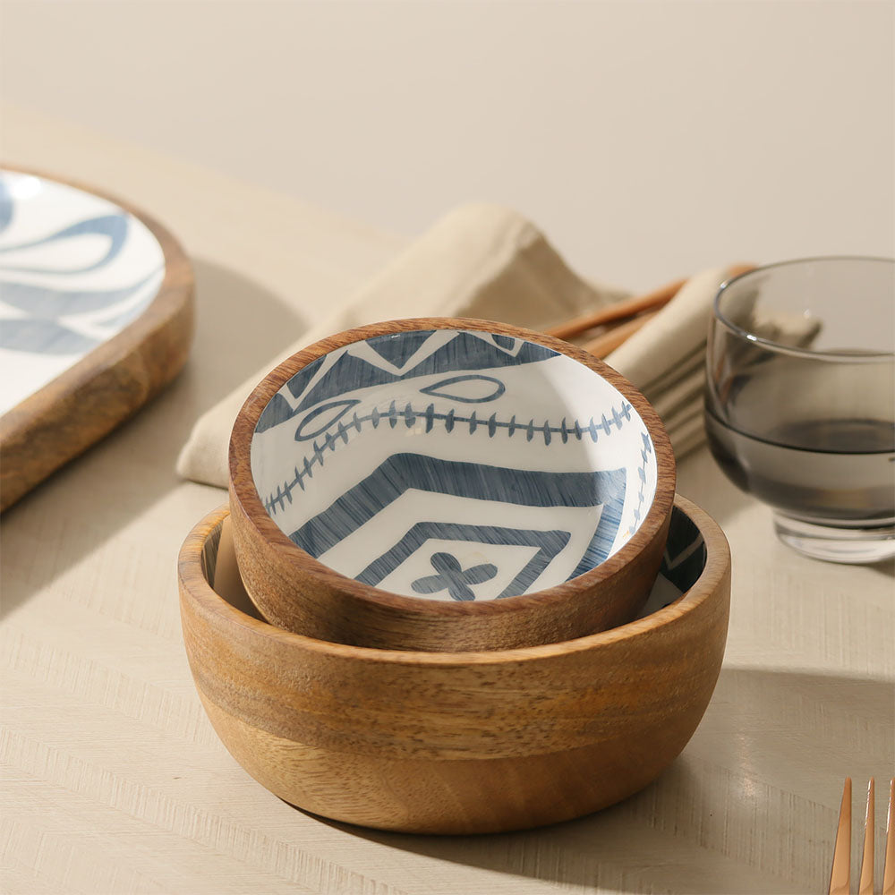 Aztec Wooden Serving Bowl Medium - Blue White