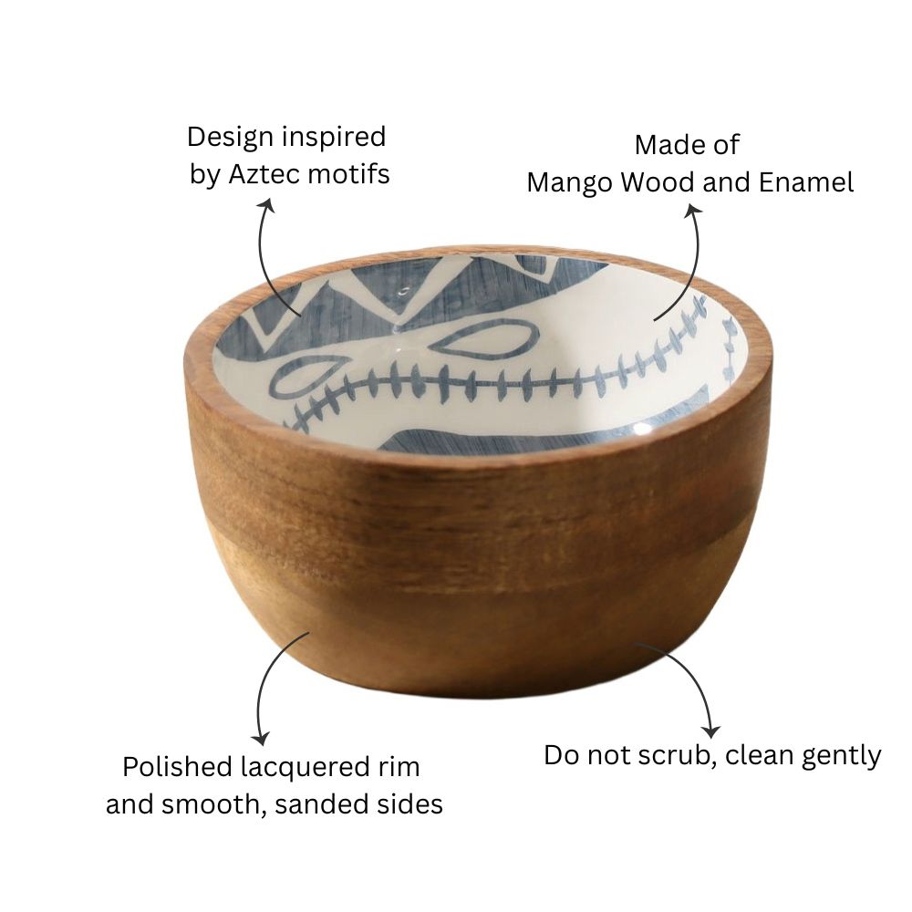 Aztec Wooden Serving Bowl Medium - Blue White