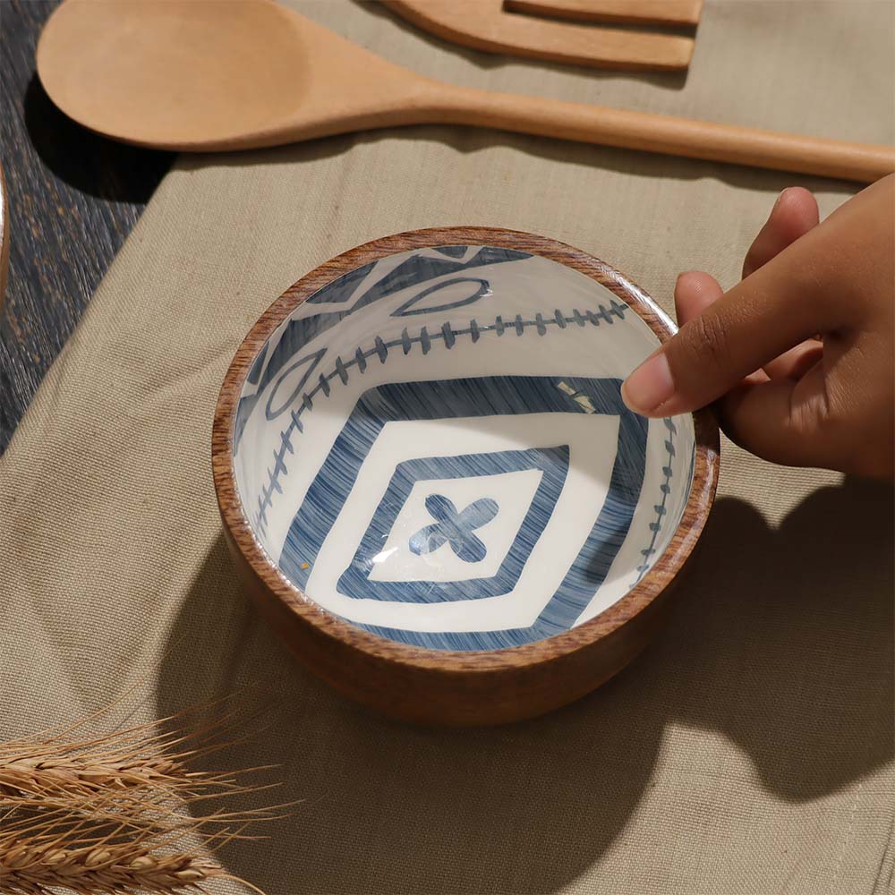 Aztec Wooden Serving Bowl Small  - Blue White