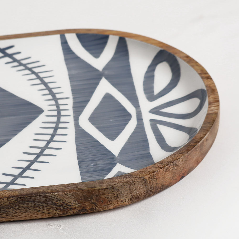 Aztec Wooden Serving Tray Large - Blue White