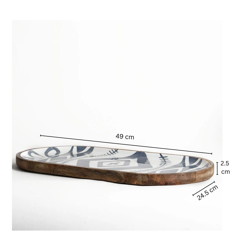 Aztec Wooden Serving Tray Large - Blue White