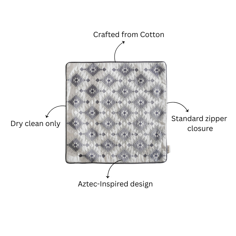 Aztec Embroidered Cotton Cushion Cover 45x45cm - Light Grey