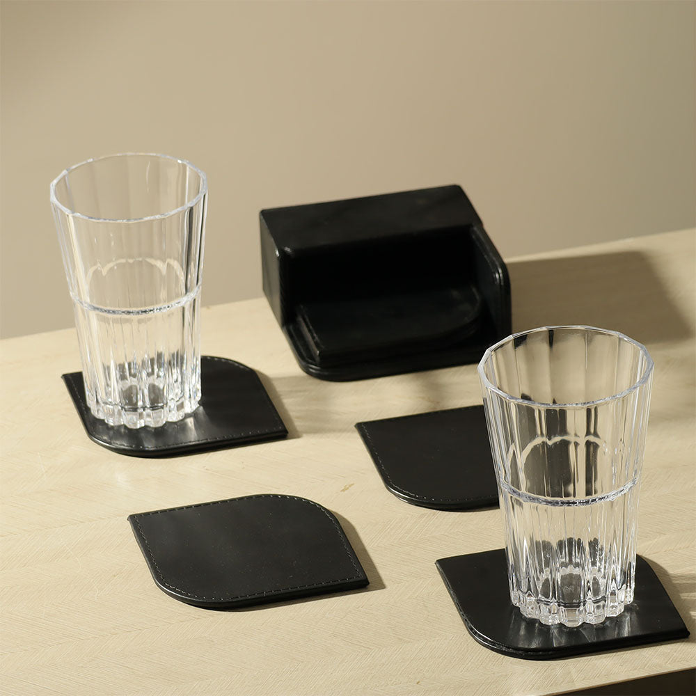 Wave Leather Coasters, Set of 6 - Black