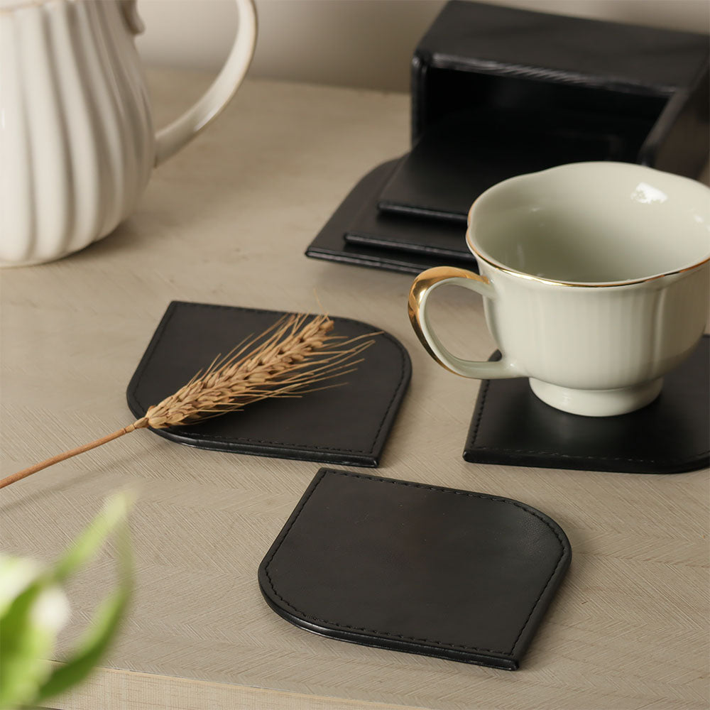 Wave Leather Coasters, Set of 6 - Black