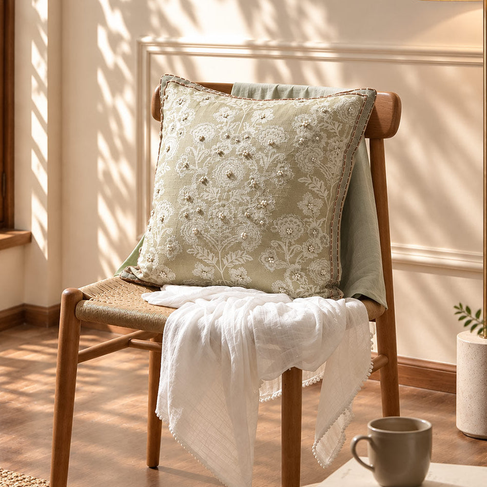 Baroque Embroidered Cushion Cover 45x45cm - Sage Cream