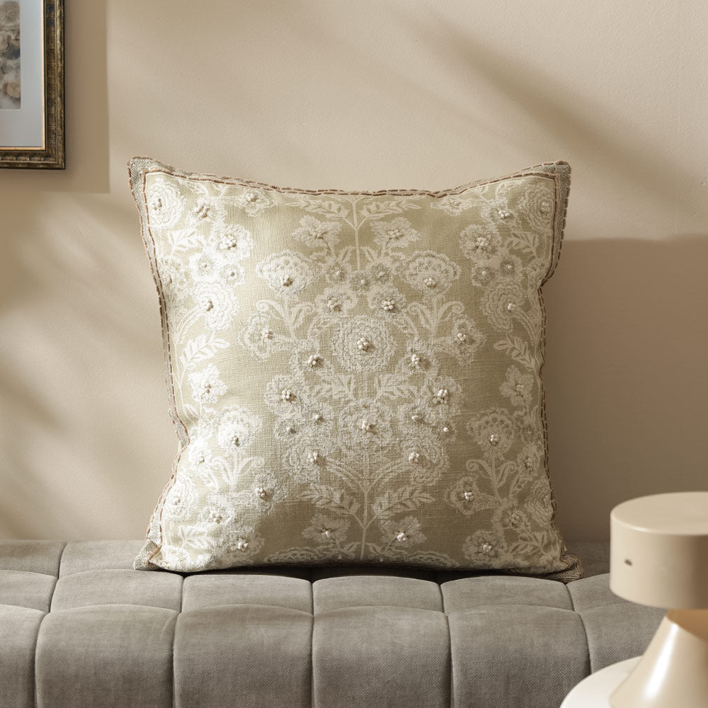 Baroque Embroidered Cushion Cover 45x45cm - Sage Cream