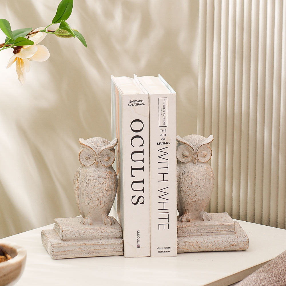 Barred Owl Bookends, Set of 2 - Vintage White