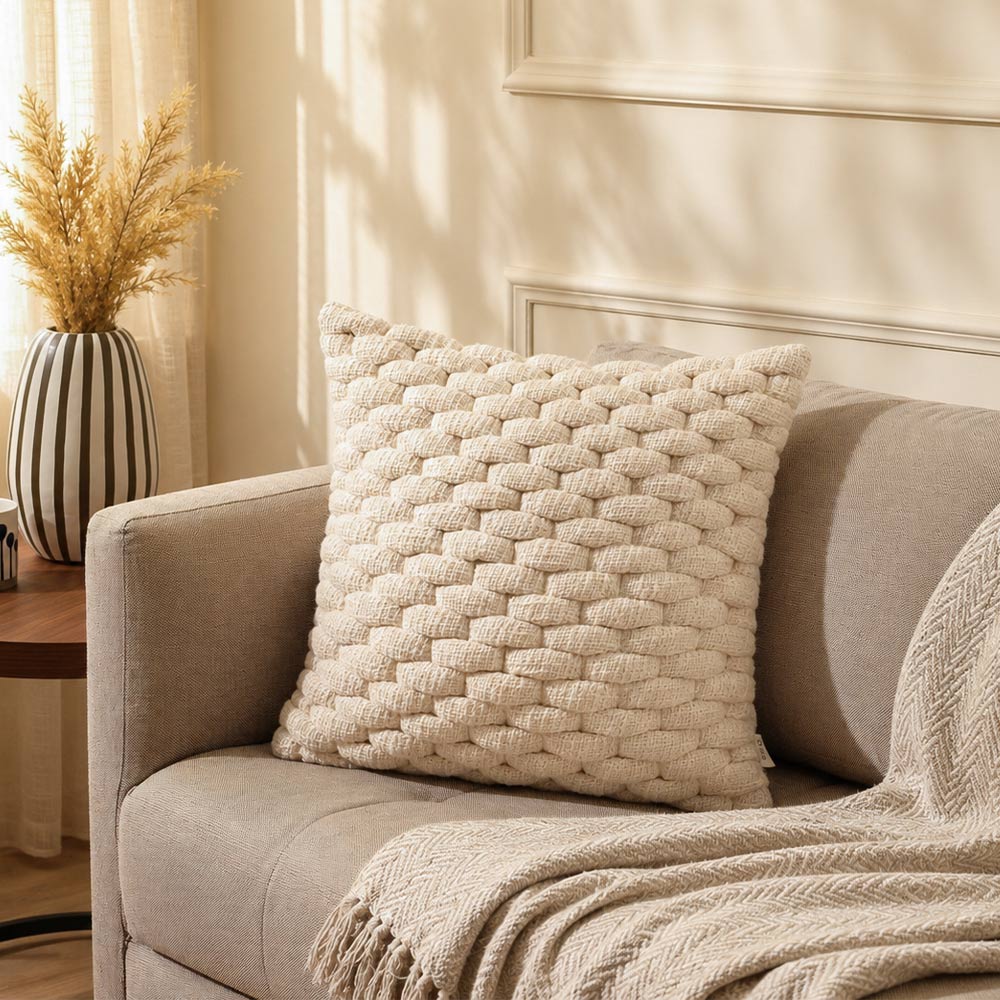 Basket Weave Cotton and Jute Cushion Cover 45x45cm - Cream