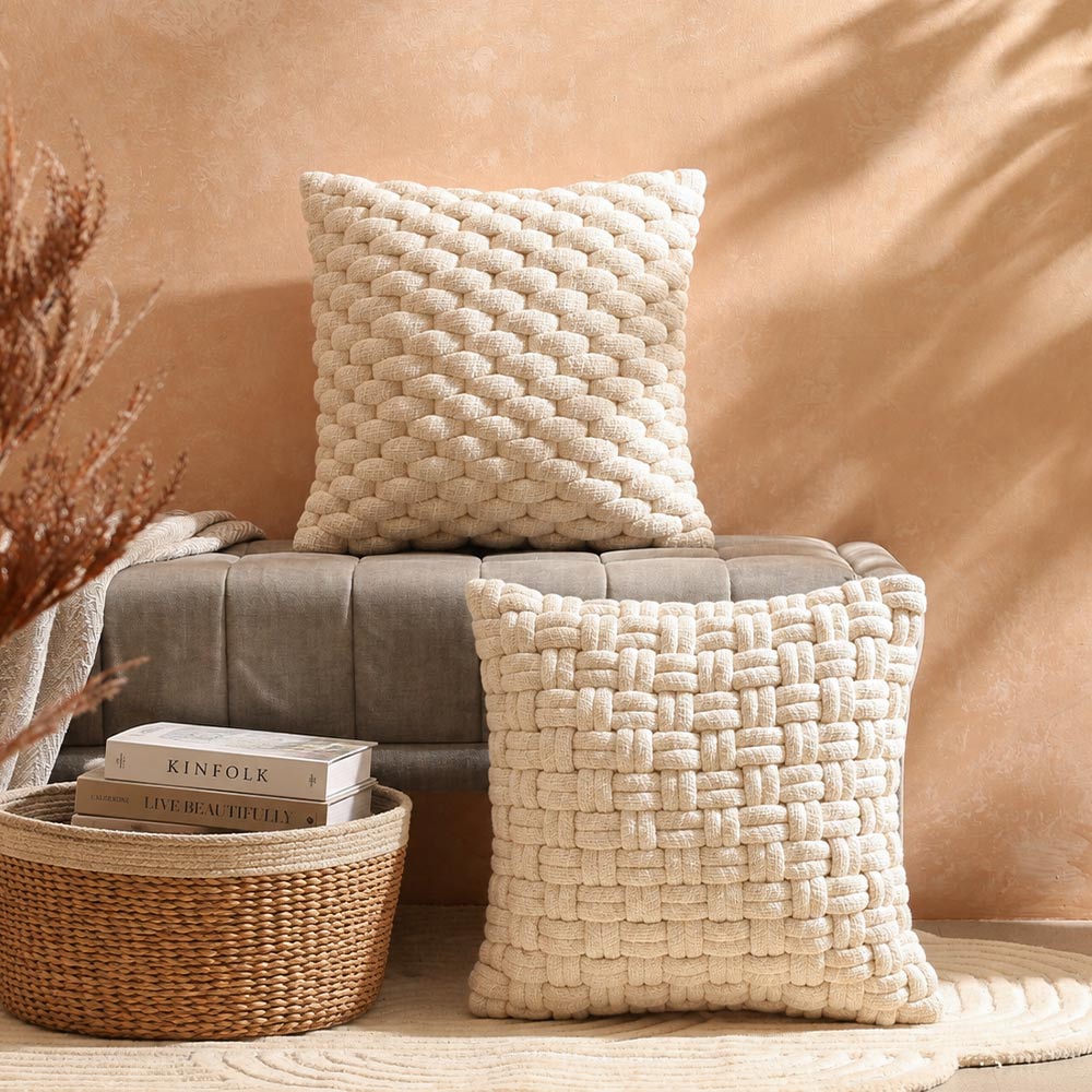 Basket Weave Cotton and Jute Cushion Cover 45x45cm - Cream