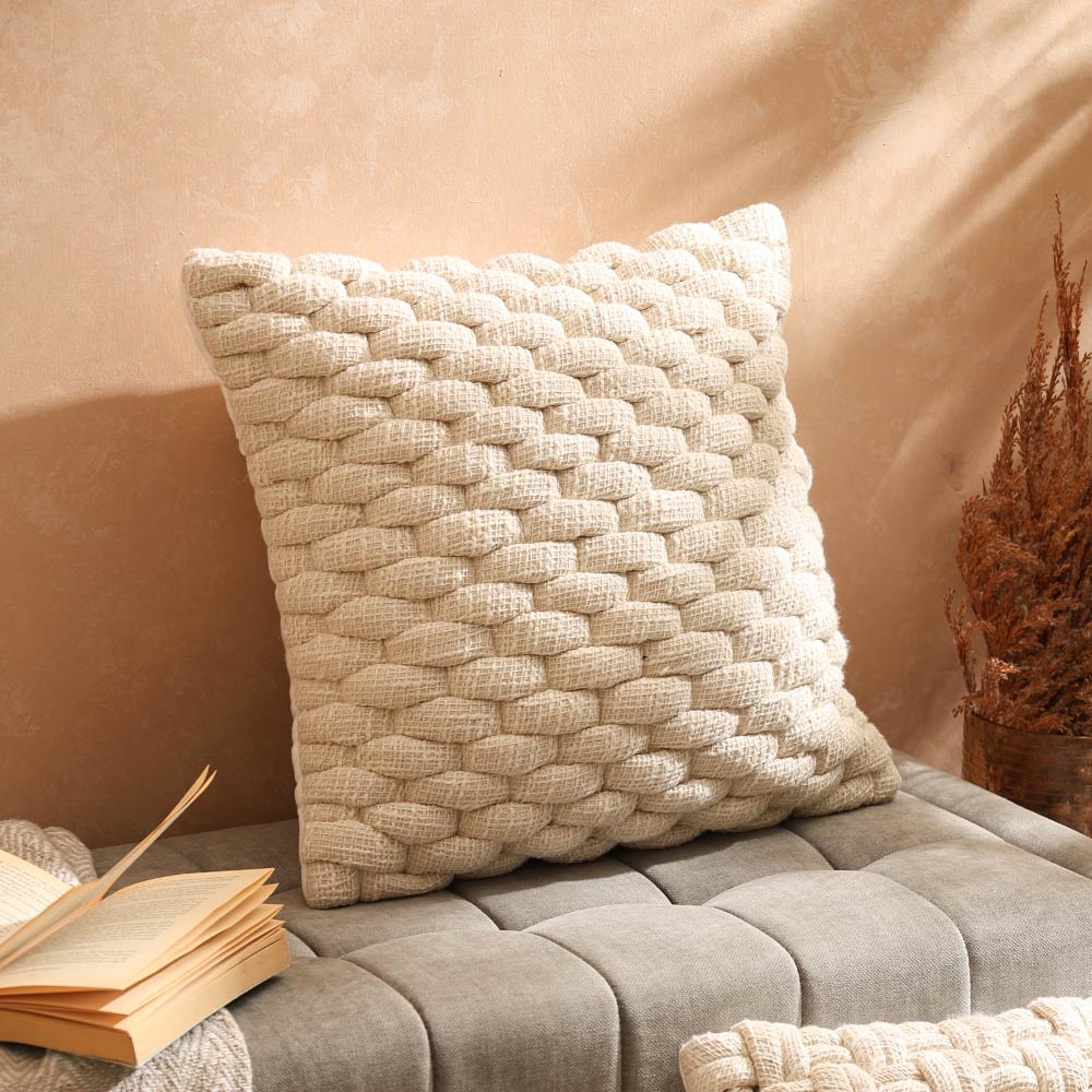 Basket Weave Cotton and Jute Cushion Cover 45x45cm - Cream