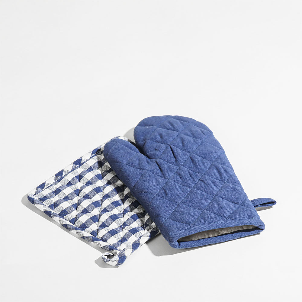 Hygge Pot Holder and Oven Glove Duo - Checks & Blue