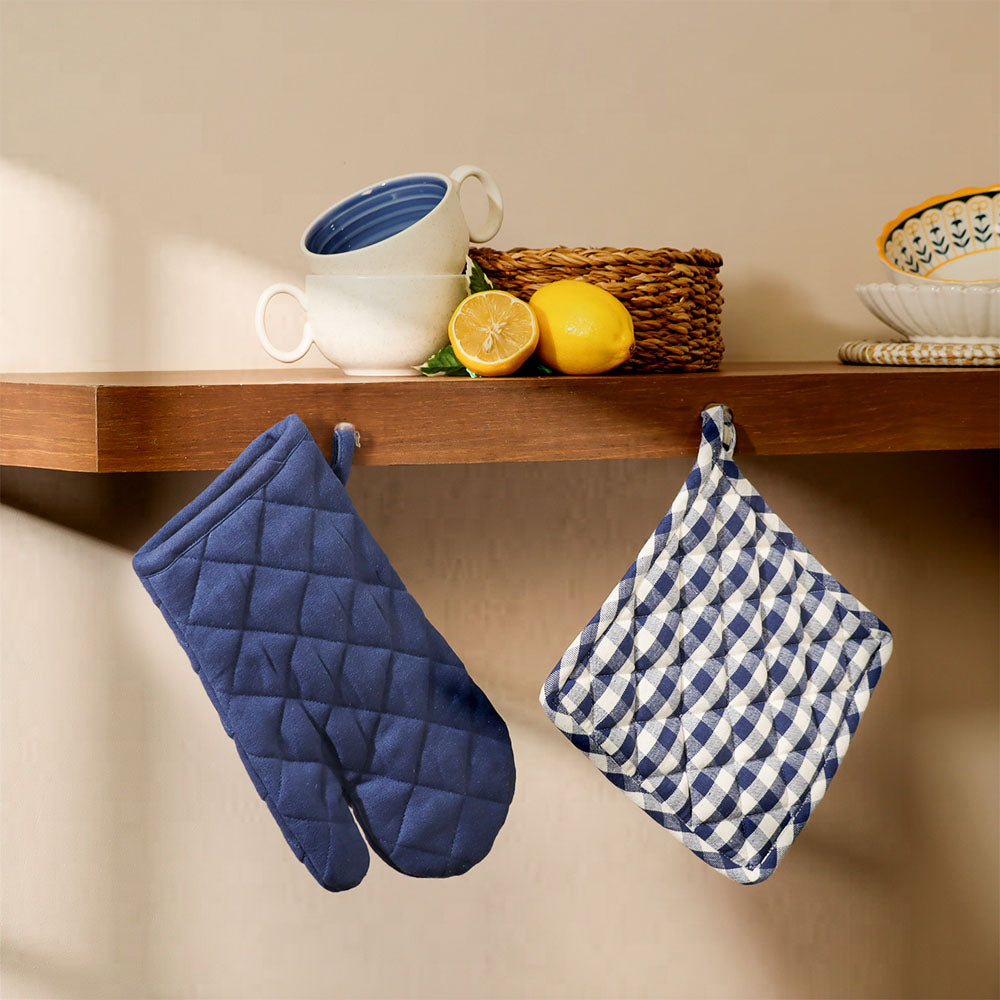 Hygge Pot Holder and Oven Glove Duo - Checks & Blue