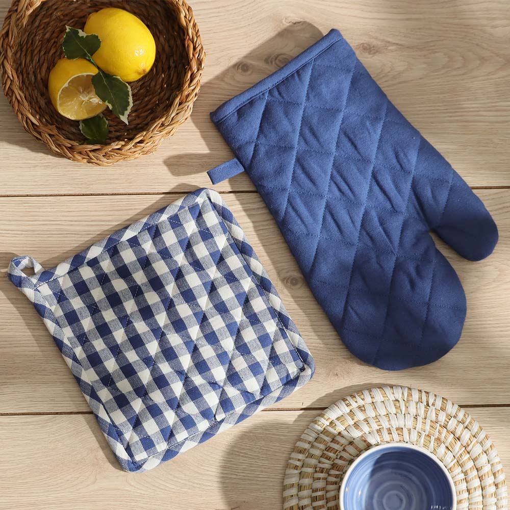 Hygge Pot Holder and Oven Glove Duo - Checks & Blue