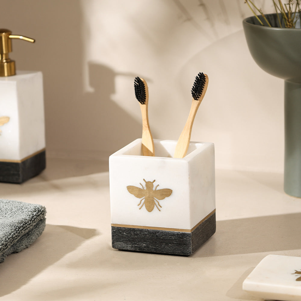 Bee Gold Inlay Marble Toothbrush Tumbler - Monochrome