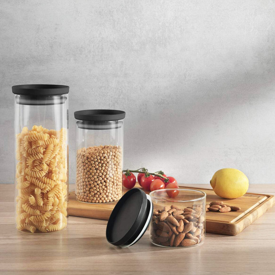 Borosilicate Round Glass Jars, Set of 3 - Dark Grey