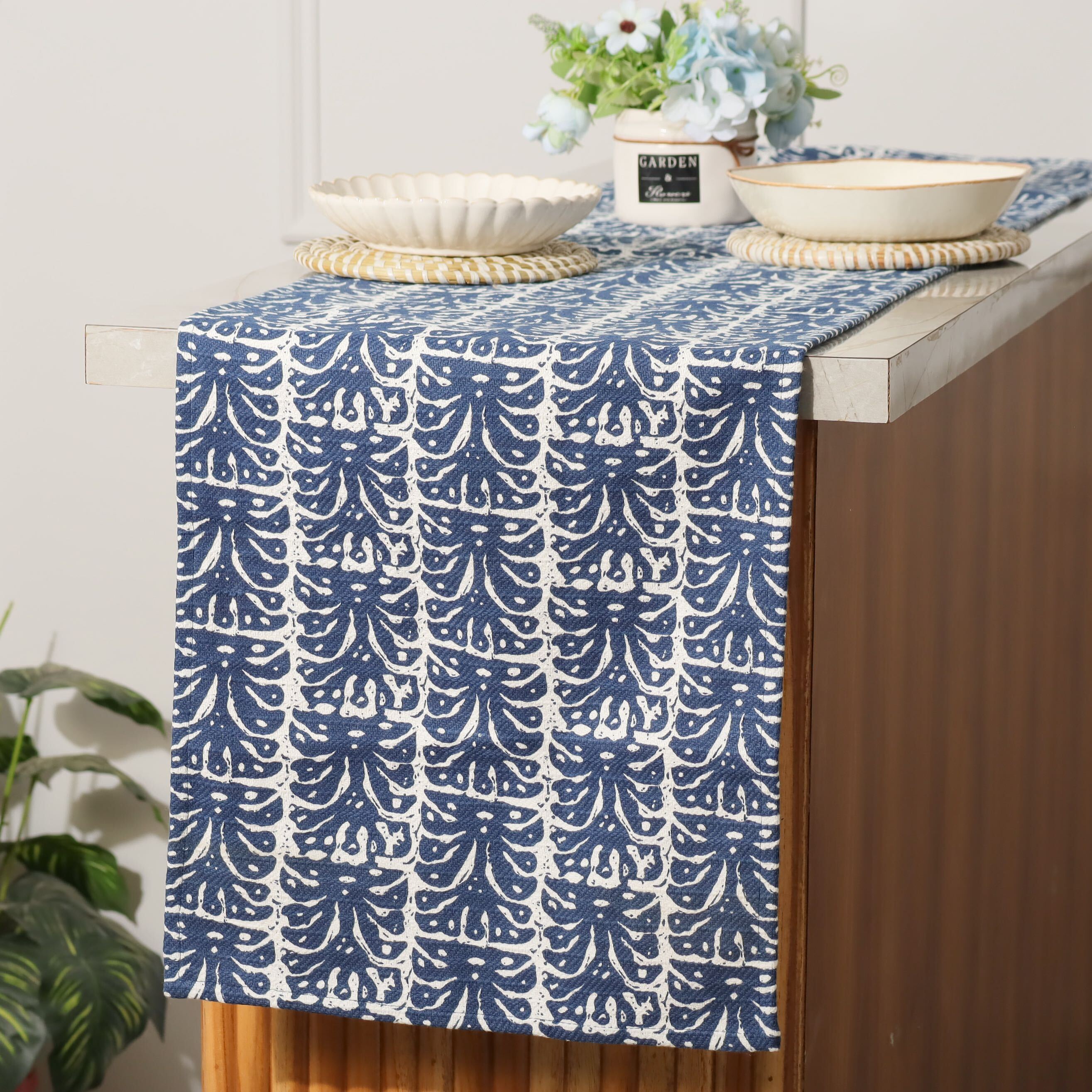 Botanical Table Runner - Navy White