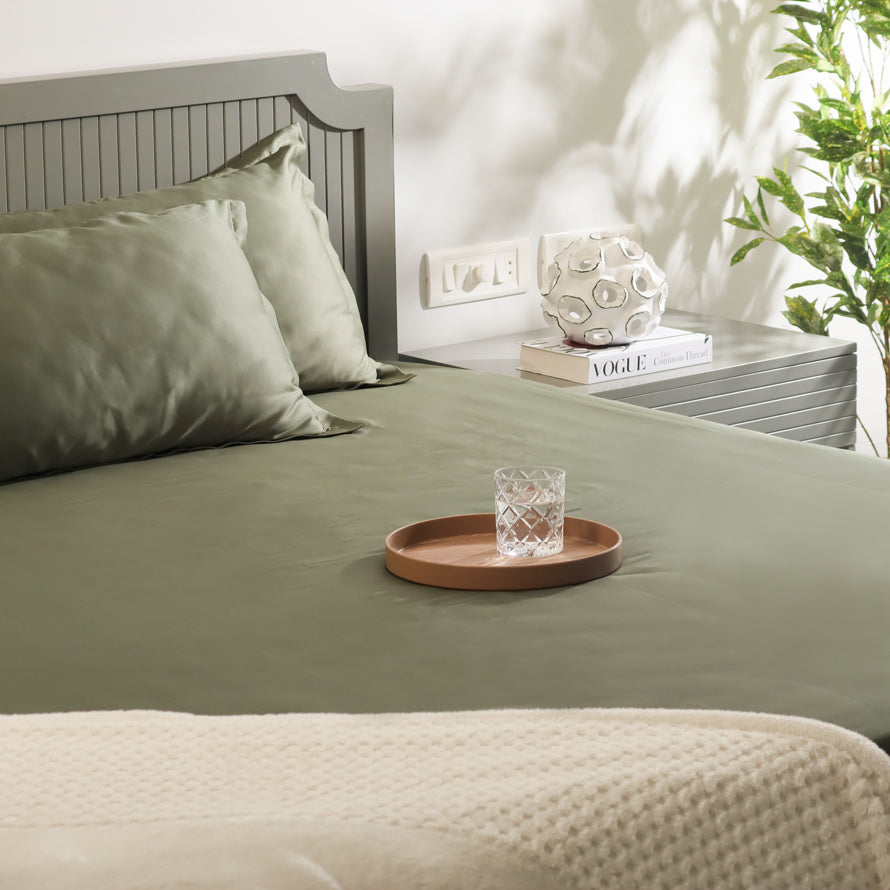 Bottega Bamboo Cotton King Size Bedsheet Set - Dark Green