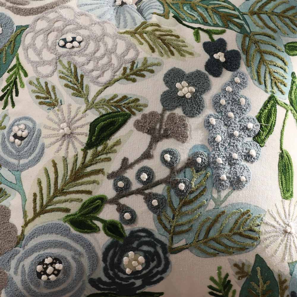 Bouquet Printed & Embroidered Cotton Cushion Cover 45x45cm - Blue White