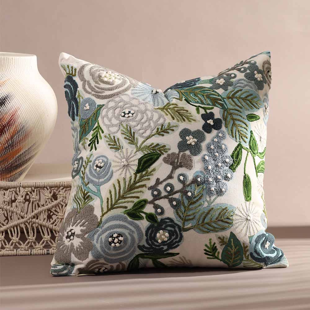 Bouquet Printed & Embroidered Cotton Cushion Cover 45x45cm - Blue White