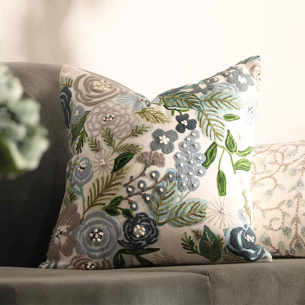 Bouquet Printed & Embroidered Cotton Cushion Cover 45x45cm - Blue White