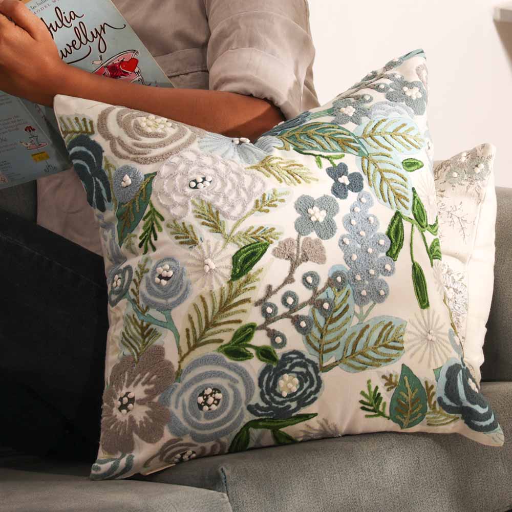 Bouquet Printed & Embroidered Cotton Cushion Cover 45x45cm - Blue White