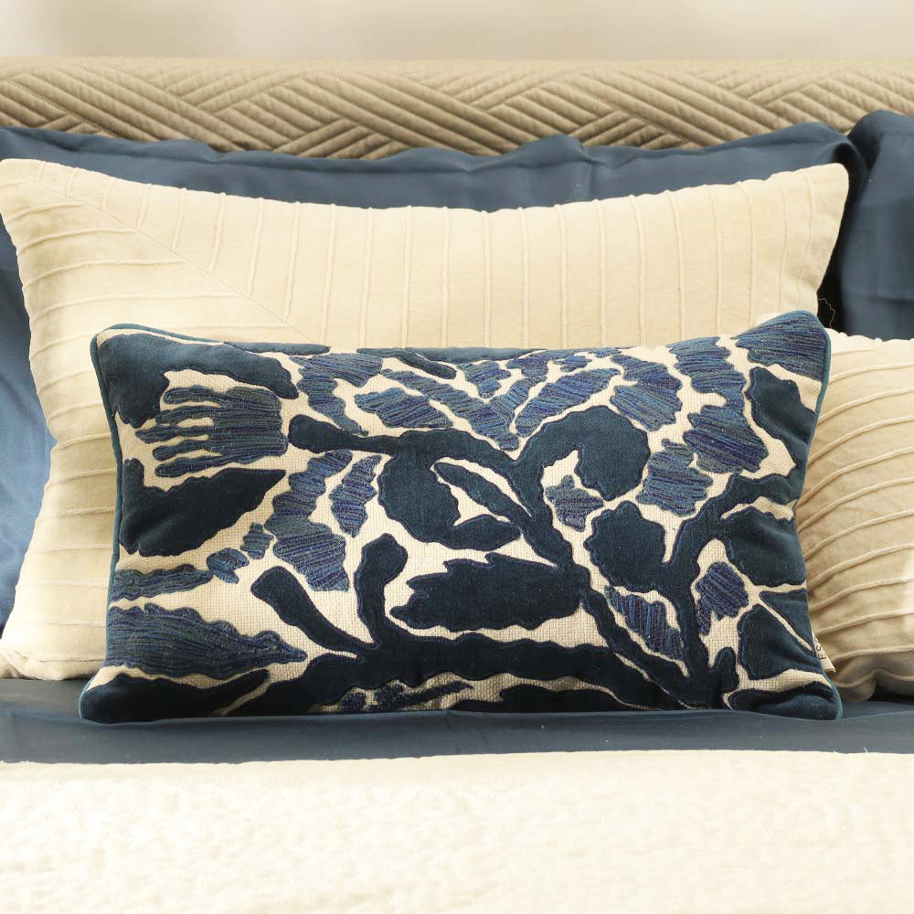 Bower Appliqued Cotton Rectangular Cushion Cover 50x30cm - Ivory Blue