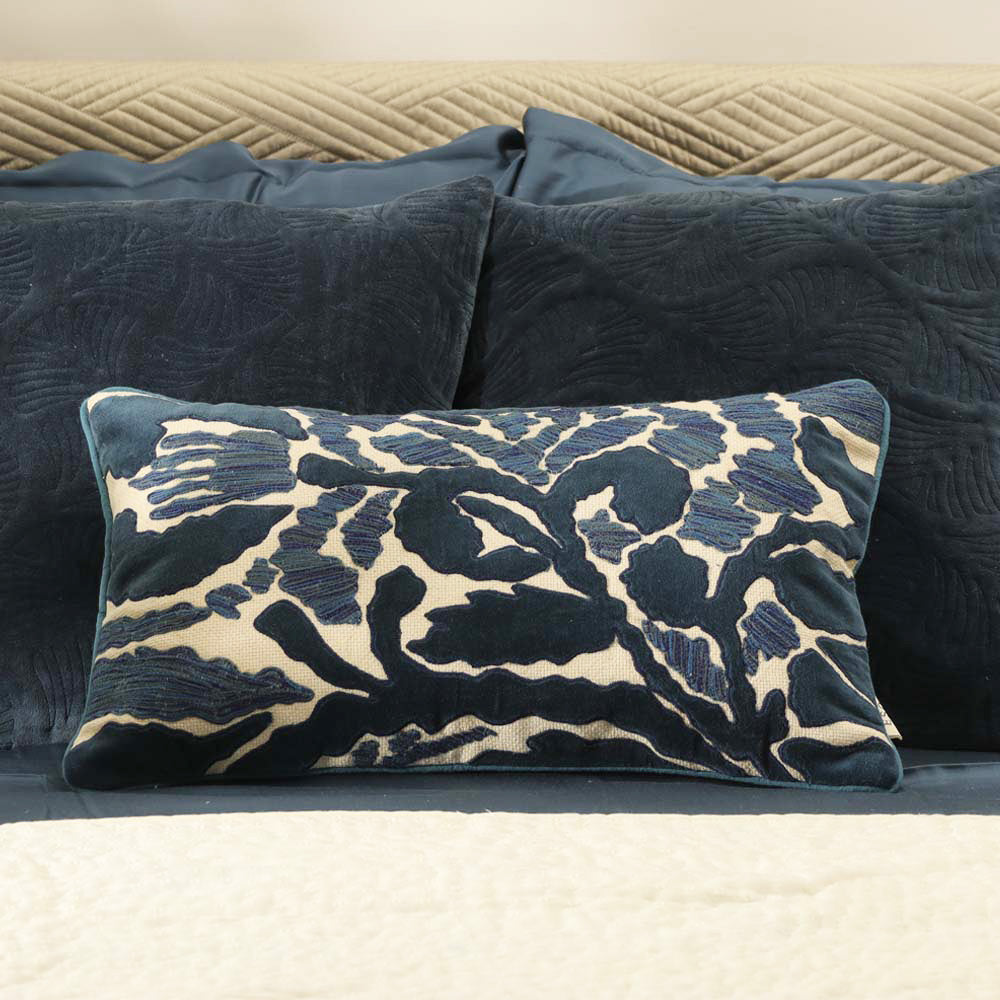 Bower Appliqued Cotton Rectangular Cushion Cover 50x30cm - Ivory Blue